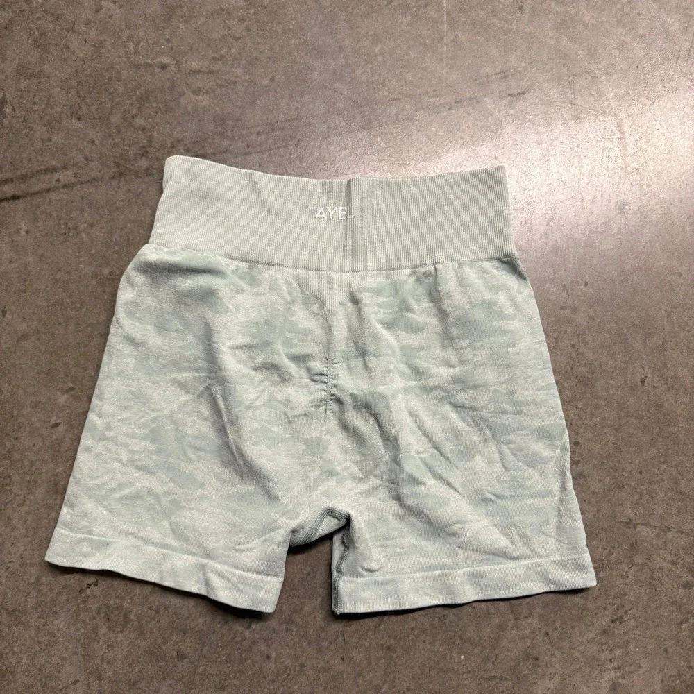 AYBL Womens Camo Seamless Shorts Sage Green‎ High Waisted Gym Athletic Size L